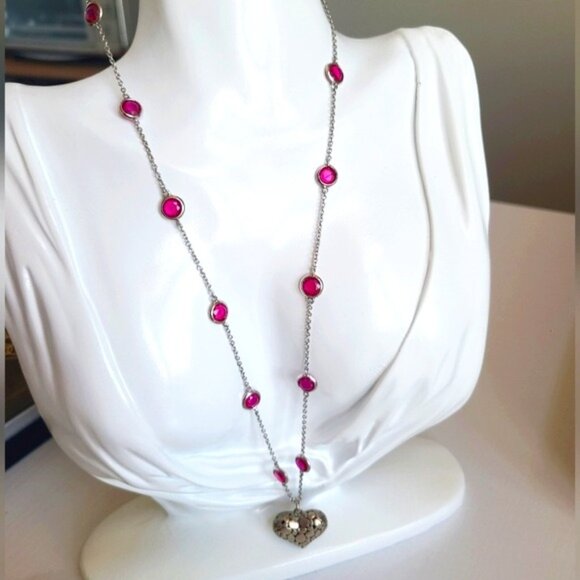 Vintage Jewelry - Gorgeous Vintage Sterling Silver Pink Glass Chain Heart Pendant Necklace…
